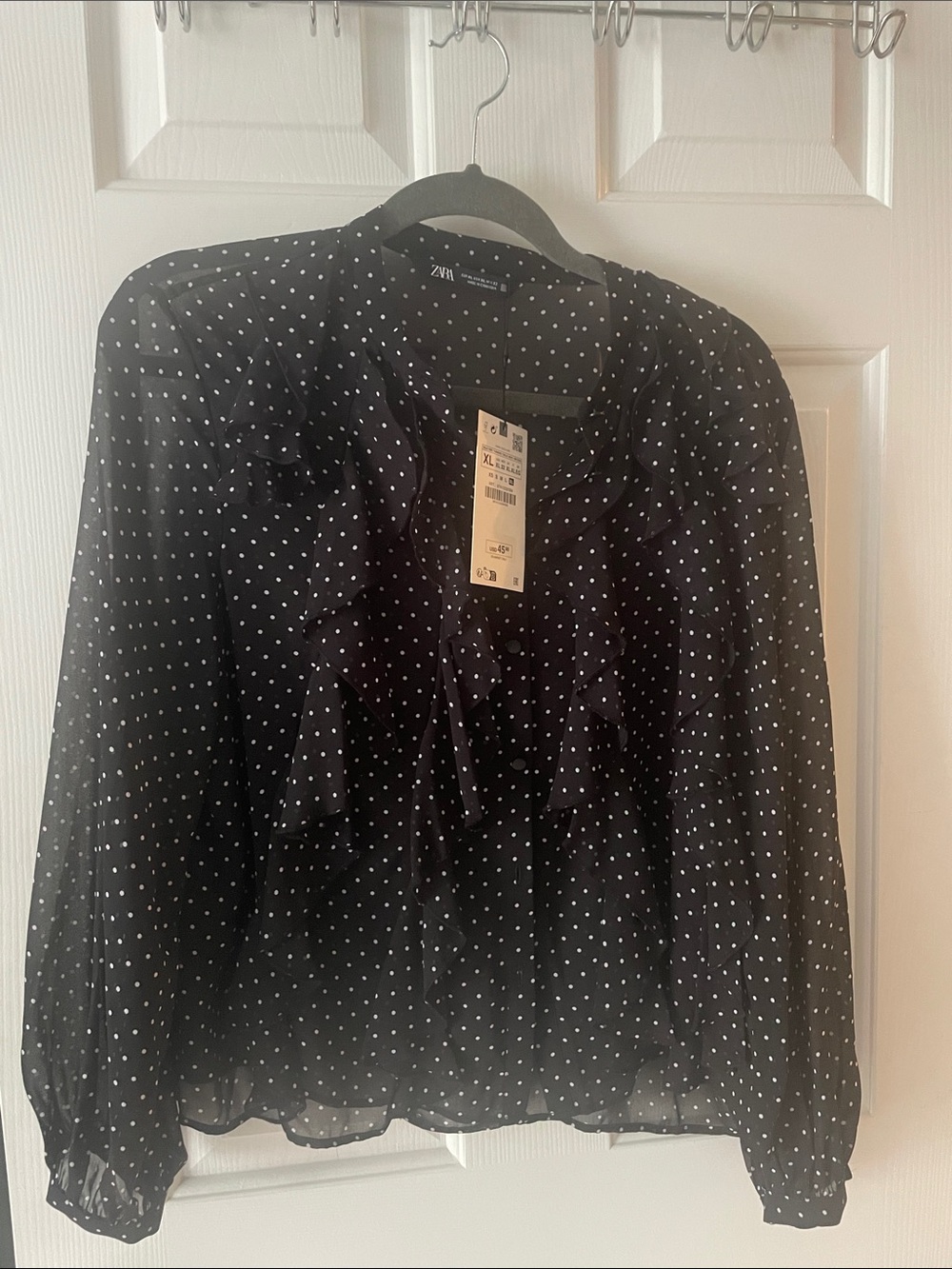 Zara Black & White Polka Dot Sheer Ruffle Blouse
